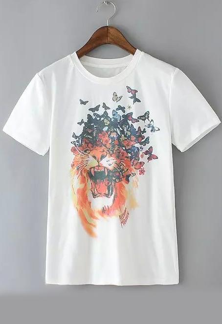 Romwe Butterfly Lion Print T-shirt