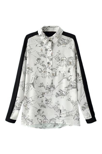 Romwe Color Block Village Print Shirt