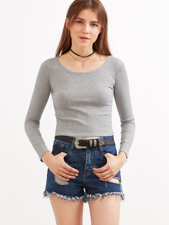 Romwe Heather Grey Ribbed Crop T-shirt