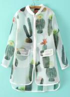 Romwe White Long Sleeve Cactus Print Sheer Outerwear