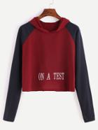 Romwe Burgundy Contrast Raglan Sleeve Letter Embroidery Hooded T-shirt