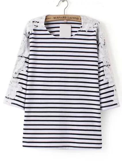 Romwe Contrast Lace Striped Black T-shirt