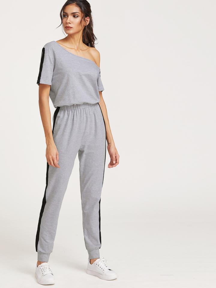 Romwe Heather Grey Asymmetric Off The Shoulder Contrast Panel Jumpsuit