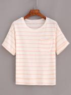 Romwe Pink Striped Pocket Cuffed T-shirt
