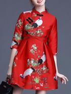 Romwe Red Round Neck Half Sleeve Print Dress