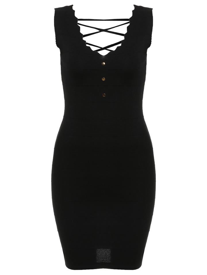 Romwe Scalloped V Neck Lattice-back Pencil Dress