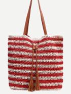 Romwe Red White Striped Straw Tote Bag With Tassel Drawstring