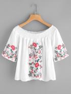 Romwe Shirred Off The Shoulder Embroidered Top