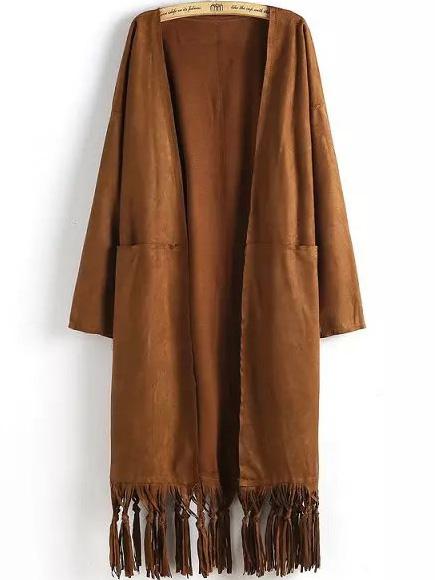 Romwe Open Front Tassel Pockets Khaki Coat
