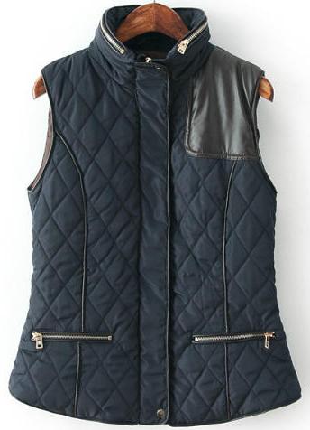 Romwe Hooded Diamond Pattern Navy Vest