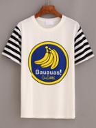 Romwe Banana Print Striped Sleeve T-shirt - White