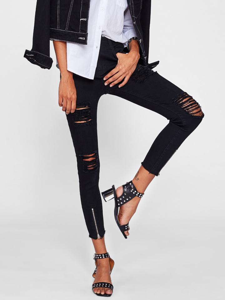 Romwe Shredded Zip Raw Hem Jeans