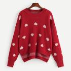 Romwe Heart Print Asymmetrical Hem Sweater