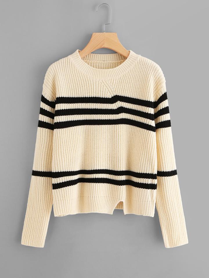 Romwe Split Hem Striped Knit Sweater