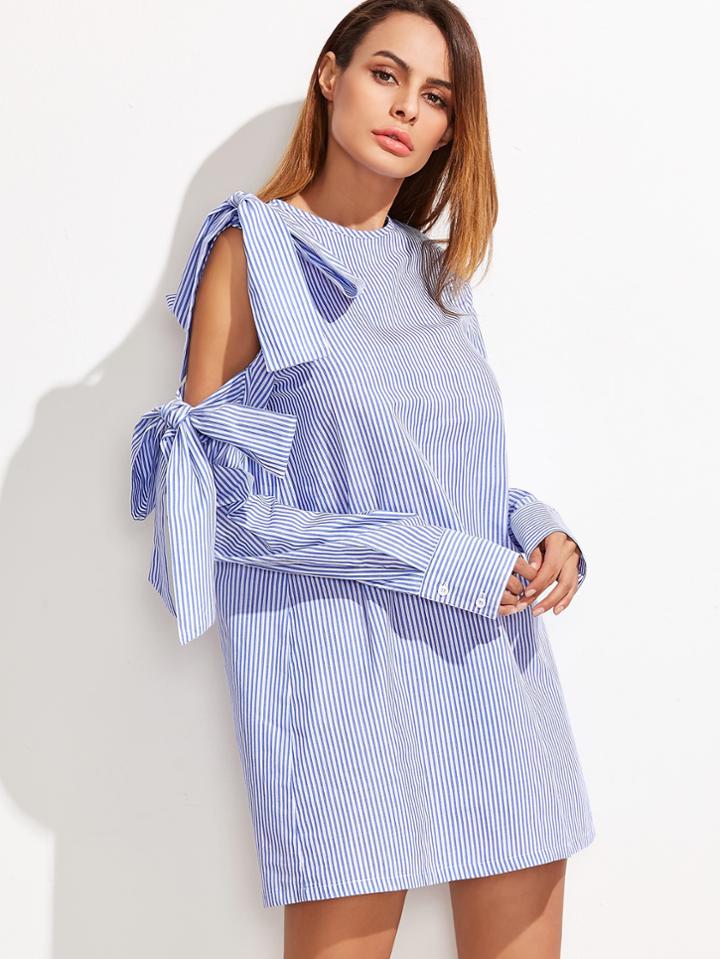 Romwe Striped Bow Tie Detailed Open Shoulder Dress