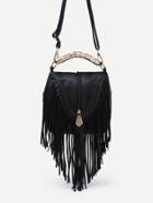 Romwe Black Zip Embellished Fringe Trim Flap Bag