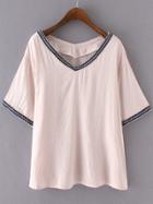 Romwe Pink V Neck Casual T-shirt