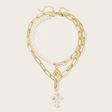Romwe Faux Pearl & Disc Pendant Chain Necklace 2pack