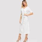 Romwe Plaid Tie Waist Button Front Dress