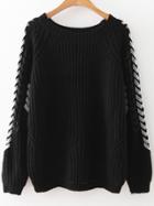 Romwe Black Lace Up Sleeve Raglan Sleeve Sweater