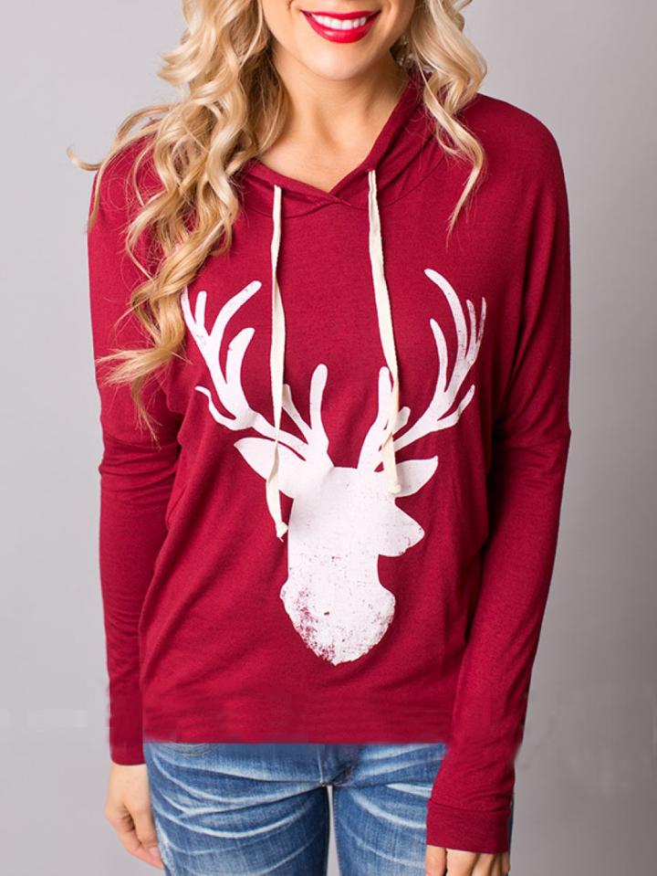 Romwe Hooded Drawstring Deer Print Red Sweatshirt