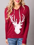 Romwe Hooded Drawstring Deer Print Red Sweatshirt