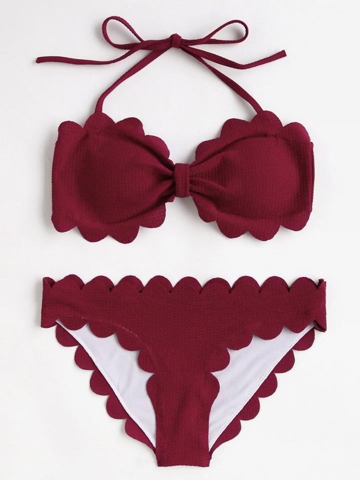 Romwe Scalloped Trim Bandeau Bikini Set With Detachable Strap