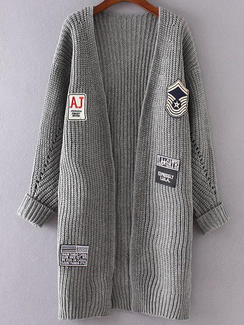 Romwe Grey Patch Detail Collarless Rolled Cuff Cardigan