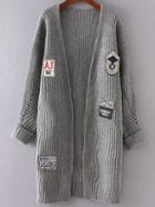 Romwe Grey Patch Detail Collarless Rolled Cuff Cardigan
