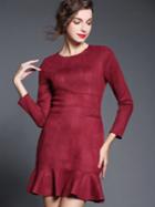 Romwe Win Red Round Neck Long Sleeve Ruffle Dress