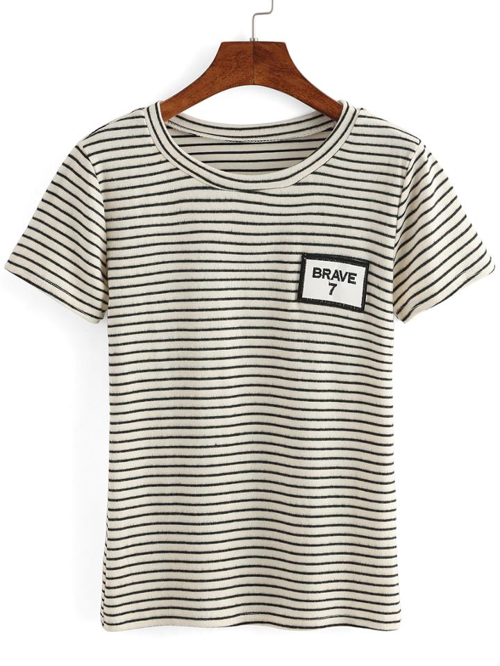 Romwe Pinstriped Patch T-shirt