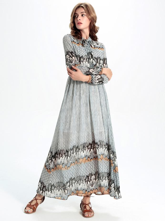 Romwe Grey Feather Print Tie Neck Shirt Dress