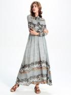 Romwe Grey Feather Print Tie Neck Shirt Dress