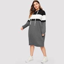 Romwe Plus Colorblock Drawstring Hoodie Dress