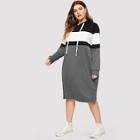 Romwe Plus Colorblock Drawstring Hoodie Dress