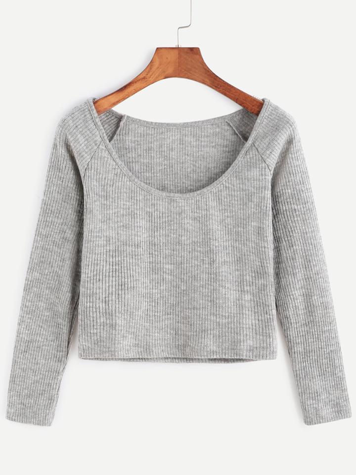 Romwe Heather Grey Scoop Neck Raglan Sleeve Crop Ribbed Knitwear