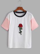 Romwe Color Block Rose Embroidered T-shirt