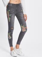 Romwe Botanical Patched Ripped Bleached Jeans