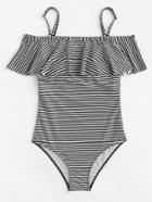 Romwe Cold Shoulder Flounce Striped Swimsuit