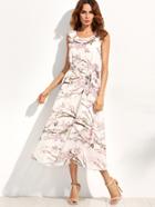 Romwe White Cherry Blossom Print Self Tie Chiffon Dress