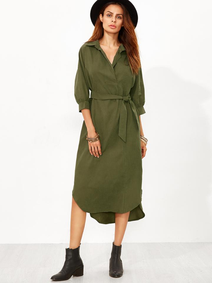 Romwe Army Green Dip Hem Belt Shirt Dress