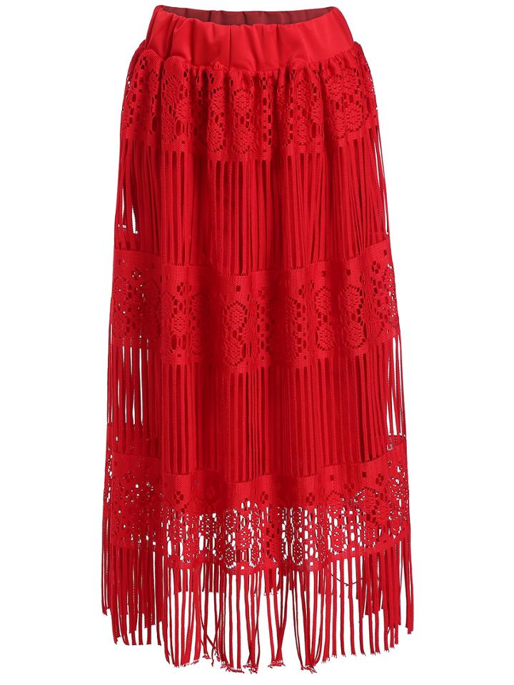 Romwe Elastic Waist Fringe Skirt
