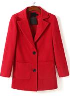 Romwe Red Lapel Long Sleeve Pockets Woolen Coat