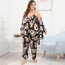 Romwe Plus Dragon Print Cami Pj Set With Robe