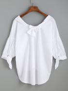 Romwe White High Low Tie Sleeve Bow Back Blouse