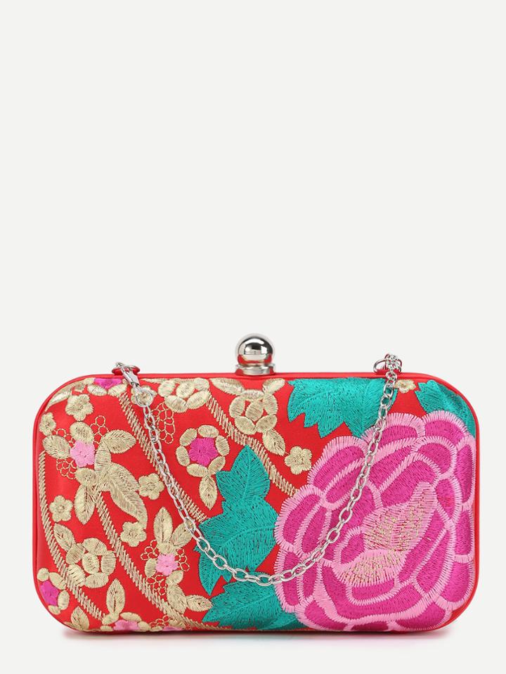 Romwe Red Floral Embroidery Pu Evening Bag