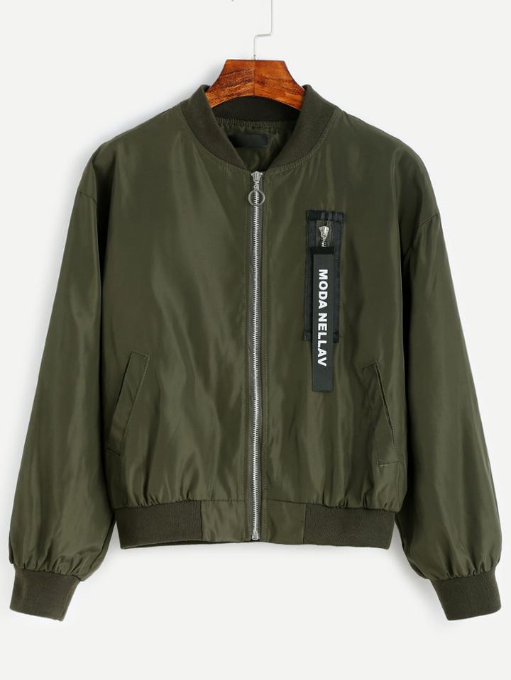 Romwe Army Green Zipper Letters Patch Bomber Jacket