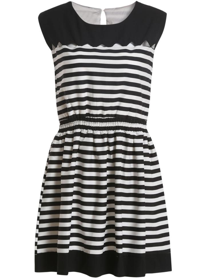 Romwe Round Neck Striped Pleated Dress