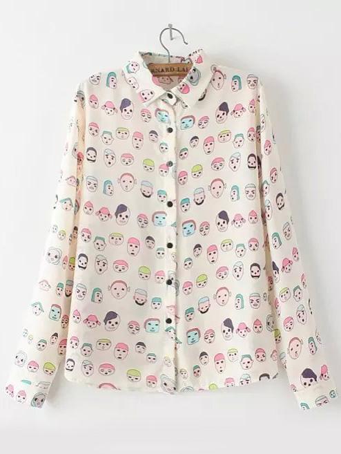Romwe Lapel Cartoon Print Chiffon Apricot Blouse