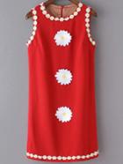 Romwe Red Sleeveless Embroidery Zipper Back Dress